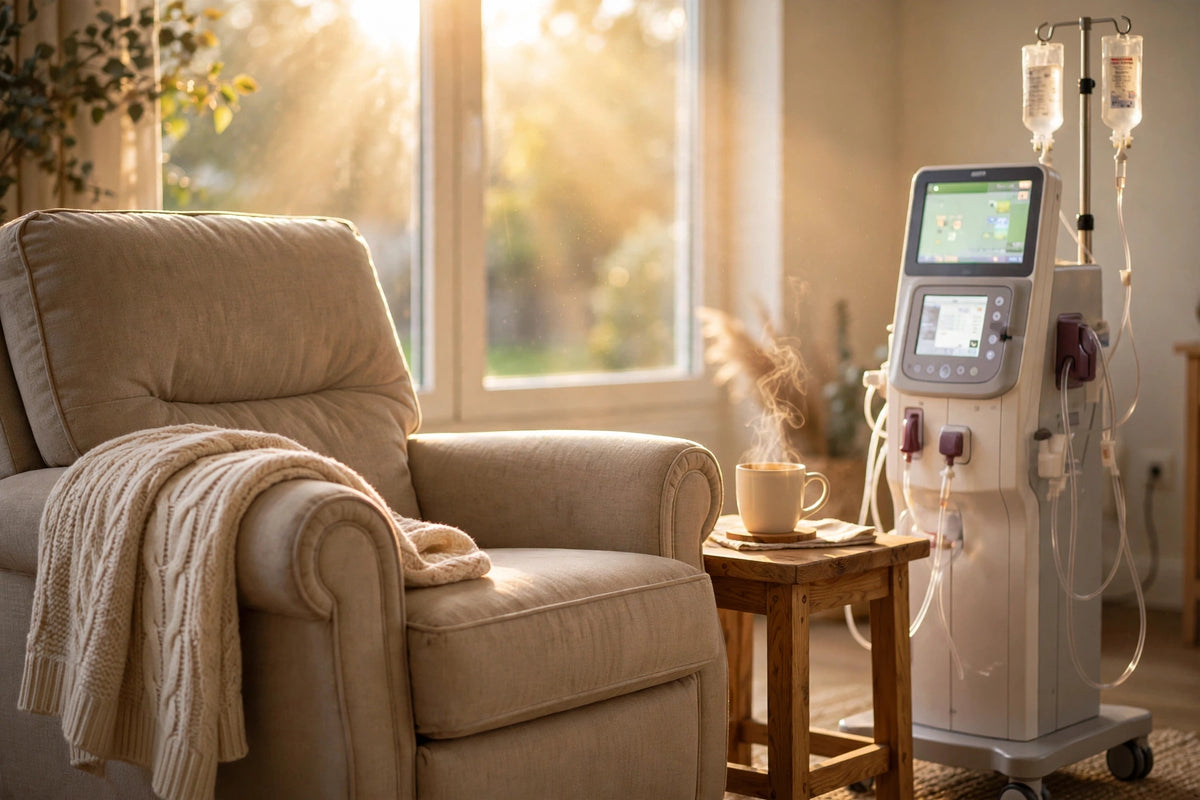A cozy armchair beside a dialysis machine in warm morning light with a steaming cup of coffee