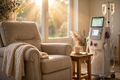 A cozy armchair beside a dialysis machine in warm morning light with a steaming cup of coffee