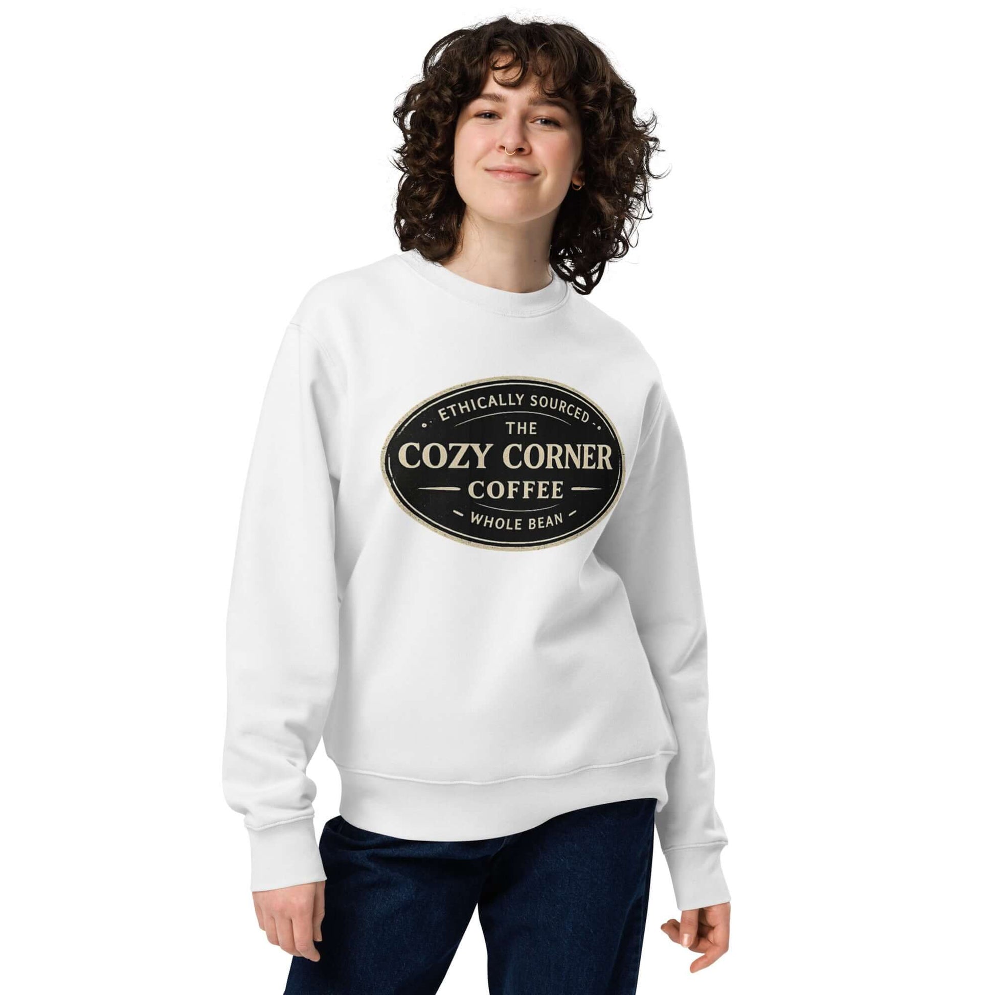 Sustainable sweatshirt for men and women featuring Cozy Corner Coffee design, made of 100% organic cotton.Sustainable sweatshirt for men and women